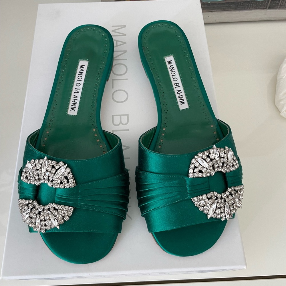 Manolo Blahnik green satin slides
